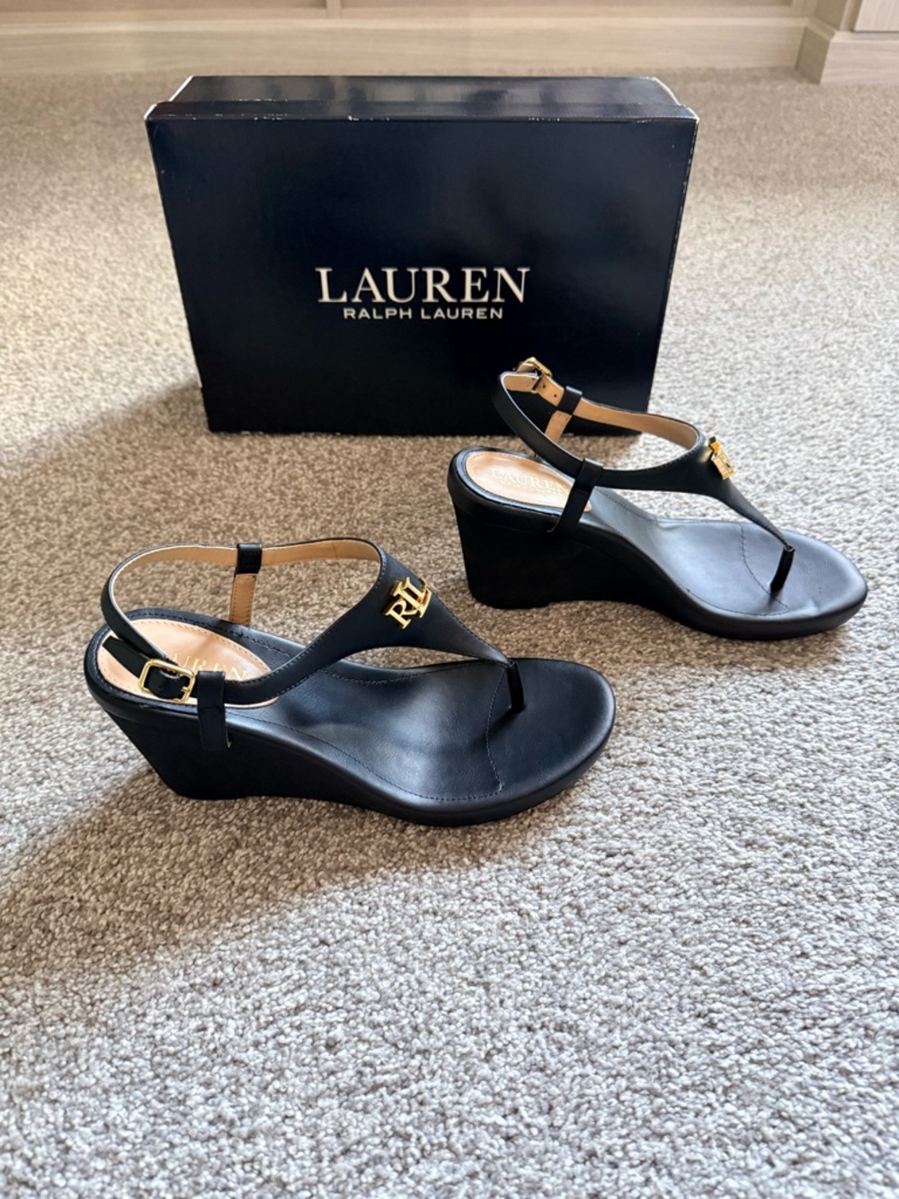 Lauren Ralph Lauren Black Wedge Thong Sandals with Gold RL Logo
